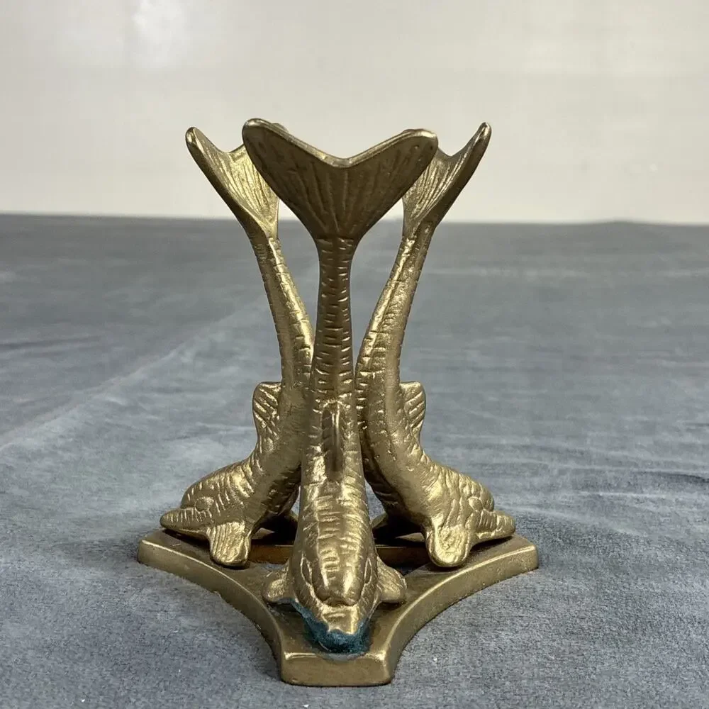 Vintage Solid Brass Three Dolphin Marble or Egg (not Included) Stand Charity
